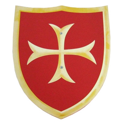 Schild rood met kruis; houten handvat