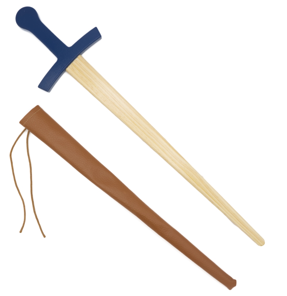 Houten zwaard met schede blauw handvat